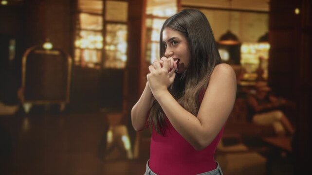 Young woman biting knuckles with hands to mouth gesture inside building lobby with luggage cart visible; nervousness anticipation.