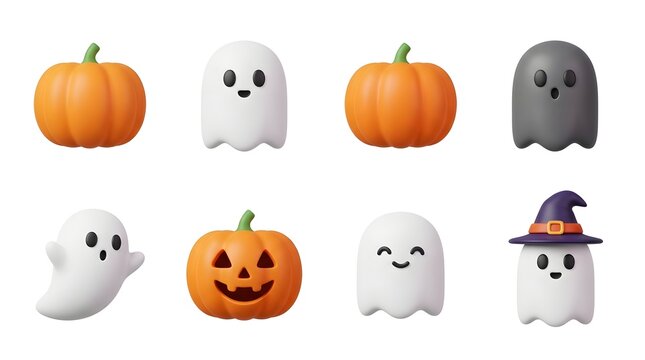 Set of 3d halloween icons with pumpkins and ghosts isolated on white background