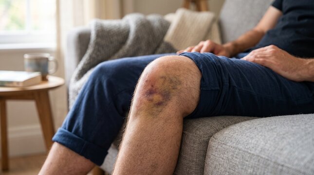 A person sitting on a couch with a visible bruise on their knee, indicating an injury or accident.