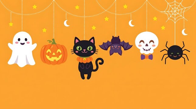 Cute halloween hanging characters on orange background