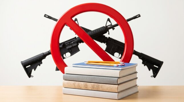 A stack of school books and pencils in front of two crossed assault rifles with a red no symbol, representing gun control and school safety.