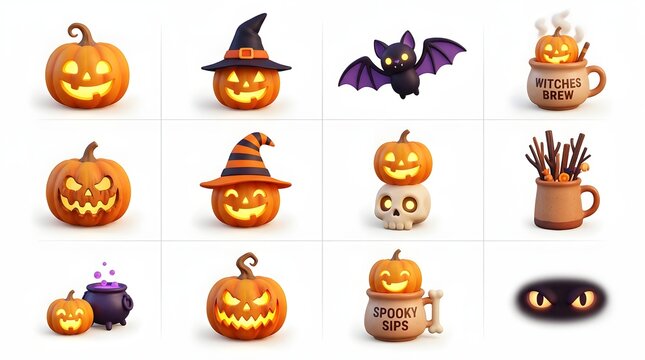3d halloween collection with pumpkins, witch hats, bats, and spooky mugs