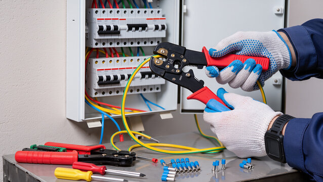Electrician at work, Socket installation, Electrical wiring works, Connecting cables in a distribution box, Professional electrical services, Handyman tools and cabling 