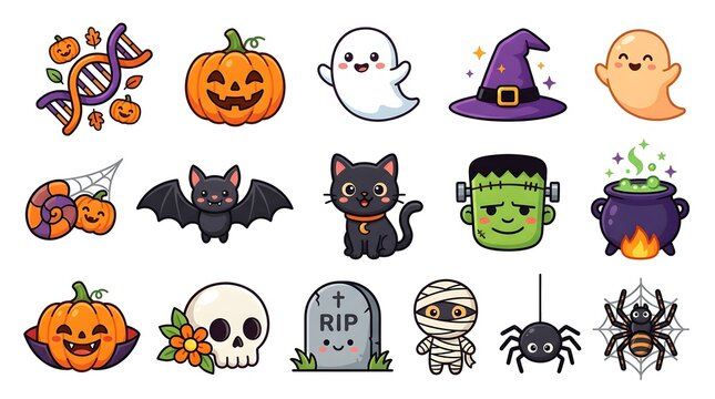 Cute halloween icons set featuring pumpkins ghosts and spooky characters
