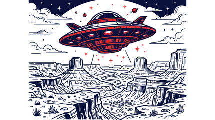 Retro UFO Flying Over Desert Canyon Landscape © Budi