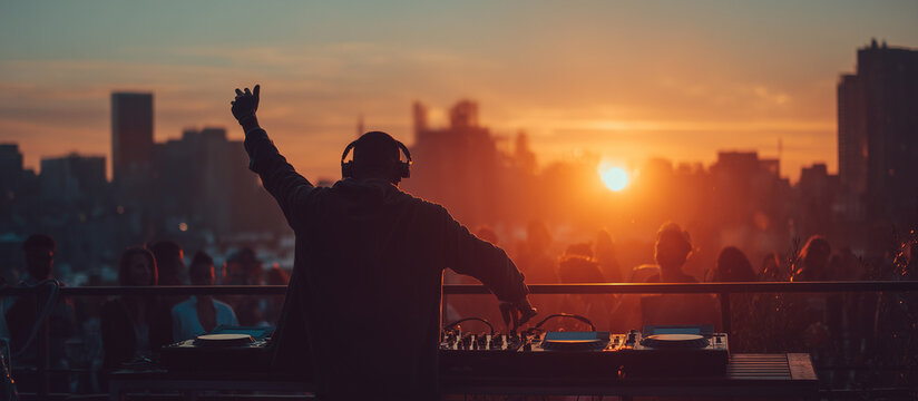 DJ performing in rooftop at sunset