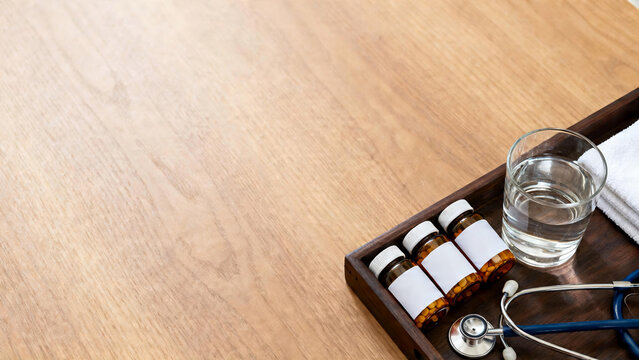 Home Care Medicine Bottles Flatlay with Copy Space
