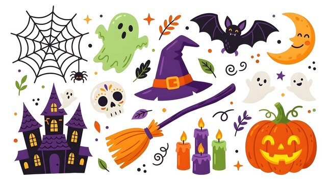 Halloween elements set with ghosts pumpkins witch hat and haunted house