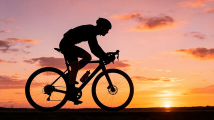 Fototapeta premium Silhouette of Cyclist Riding Road Bike at Sunset