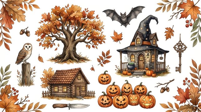 Autumn and halloween decorative elements with pumpkins and witch house