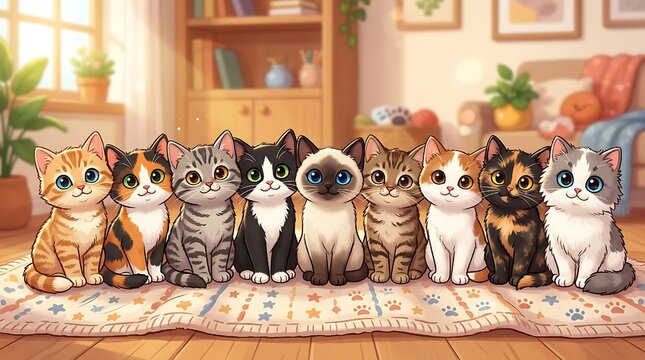 Nine cute cartoon kittens sit in a row, each with unique fur colors and big eyes. These adorable pets look 