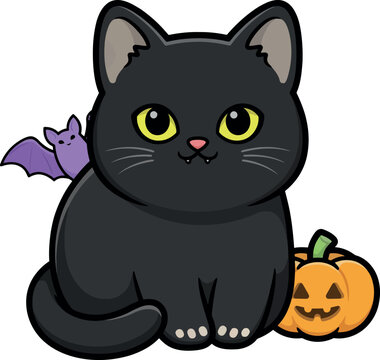 Cute black cat with tiny bat and jack-o-lantern during autumn holiday season isolated on white background