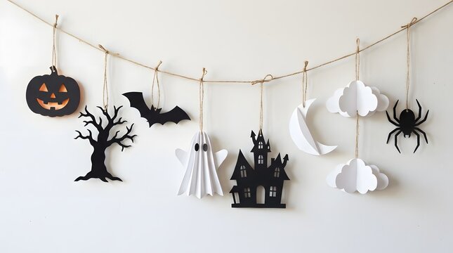 Halloween garland with paper decorations including ghosts, bats, and pumpkins