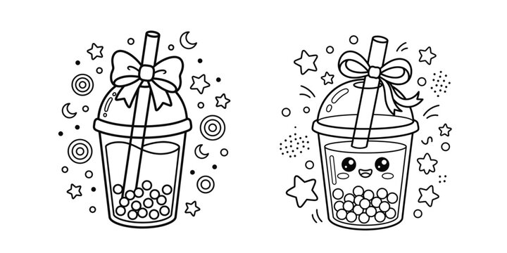 Cute bubble tea and ice cream coloring page with floral doodles and kawaii faces on a white background.