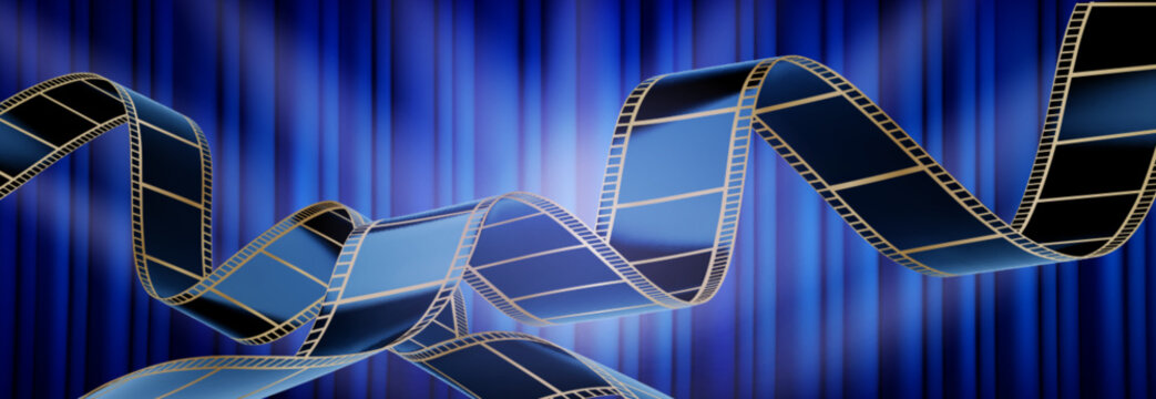 Golden black film strip curls on blue curtain background. 3d realistic vector cinema reel design for movie poster, festival banner. Hollywood rolling tape frame design, wavy ribbon with shine effect