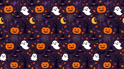 Fototapeta premium Seamless halloween pattern with ghosts, pumpkins, bats, and spider webs