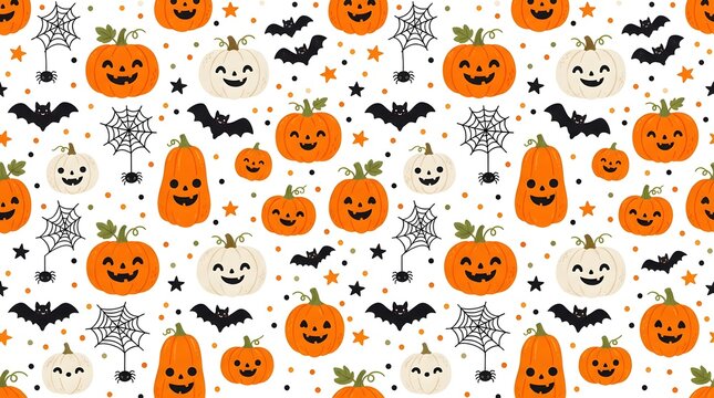 Seamless halloween pattern with pumpkins, bats, and spider webs isolated on white background