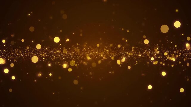 暗い茶色の背景を金色の光の粒子がゆっくりと流れる華やかな映像