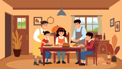 Fototapeta premium A warm family gathering around a dining table, sharing a meal with a festive pumpkin centerpiece, evoking a sense of togetherness and tradition.