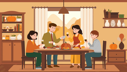 Fototapeta premium A family enjoys a festive Thanksgiving dinner, gathered around a table laden with a roasted turkey and seasonal decorations.