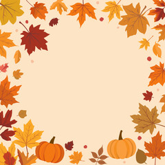 Fototapeta premium A festive autumn border design featuring colorful fall leaves and pumpkins, perfect for seasonal greetings and decorations.