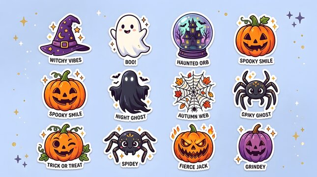 Collection of halloween themed stickers with text labels