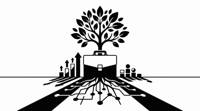 A briefcase supports a growing tree with roots in circuitry and growth symbols