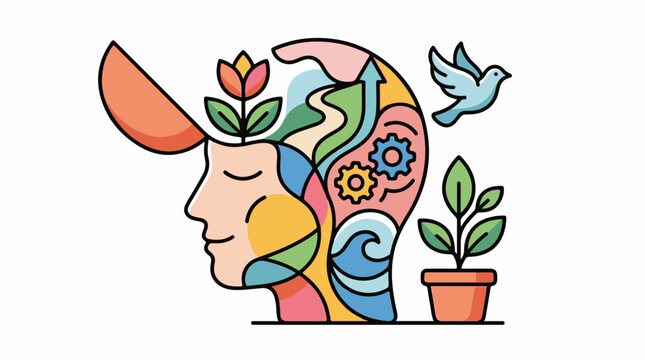 A serene side-view illustration of a human head filled with various colorful abstract shapes and symbols with a small p