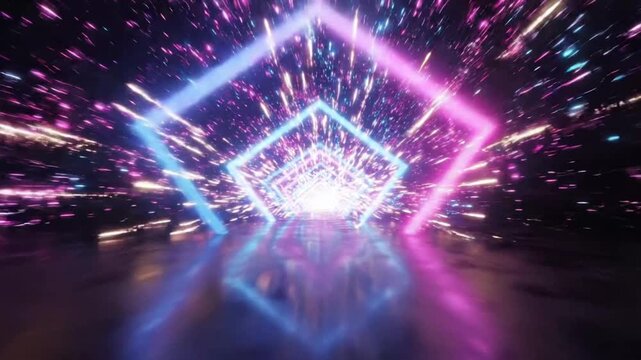 Neon arrow shapes move through a tunnel with blue and pink lights in an abstract setting