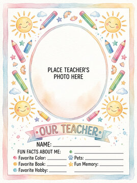 Teacher' Photo Template, Portrait A watercolor portrait frame template, Back to school