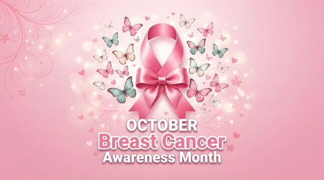 October breast cancer awareness month pink ribbon butterfly background