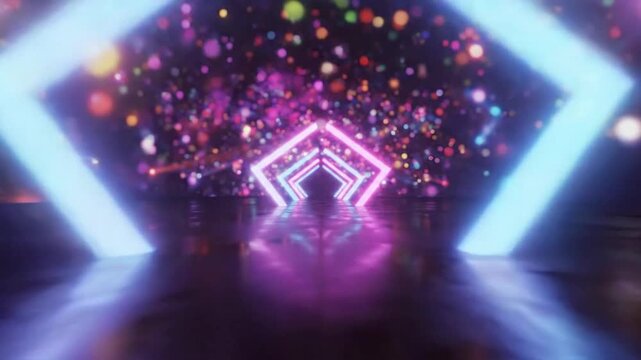 Neon arrow design in blue and pink colors with light shapes in an abstract setting