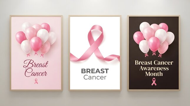 Breast cancer awareness month pink ribbon balloons posters