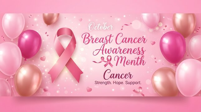 October breast cancer awareness month pink ribbon banners with balloons and streamers for support and fundraising events
