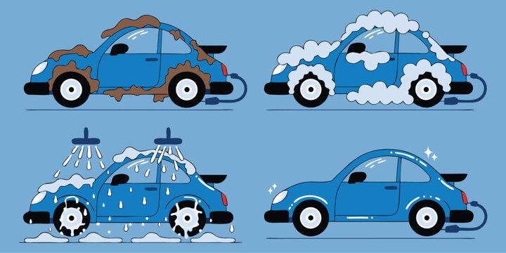 Winter Car Wash Service Set with Blue Sedan Covered in Soap Foam Vector Illustration,