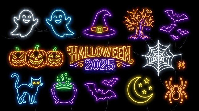 Halloween 2025 neon sign collection with ghosts, pumpkins, and spooky icons