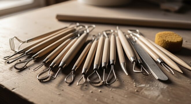 Artisan tools for pottery and sculpting laid out on a rustic wooden surface, ready for creative work.