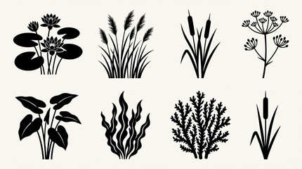 Fototapeta premium Silhouettes of aquatic plants in grid layout, showcasing water lilies, cattails, grasses, and underwater vegetation with bold design.