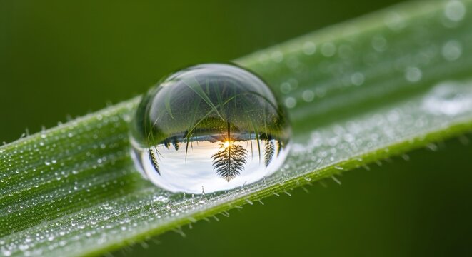 A single dewdrop on a blade of grass reflects a serene landscape at sunrise.