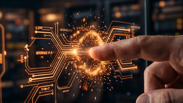 Finger Activating Futuristic Digital Interface with Glowing Spark Effect