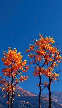 Modern maple autumn trees highlighting a sharp amber light on premium royal blue minimal background