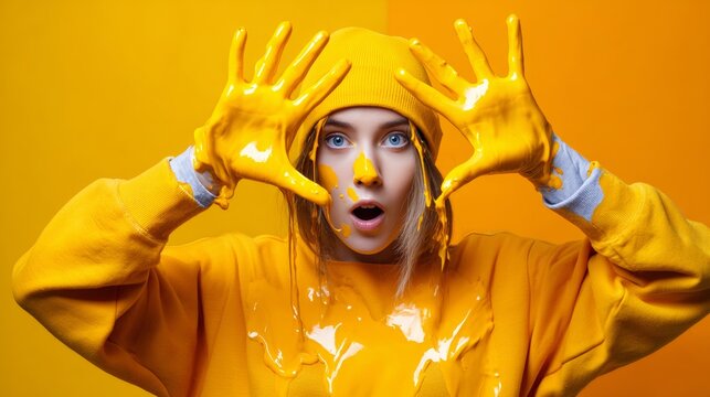 Surprised Woman in Yellow Hoodie with Painted Hands