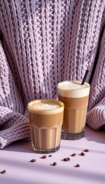 Modern coffee beverages highlighting a soft knit sweater texture on premium soft lavender background