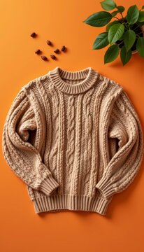 Simple coffee espresso knit sweater elements overlapping with clean graphic lines on premium tangerine orange matte surface
