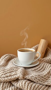 Elegant brewed coffee trends leading to a minimal knit sweater core on premium muted ochre gradient background