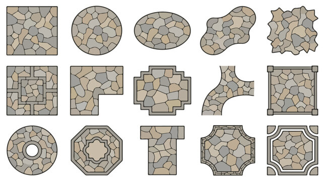 Natural stone paving vector set, 15 flagstone patio and walkway elements, neutral grey and beige cobblestone garden path textures for landscape design