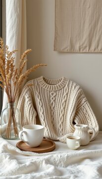 Clean knit sweater coffee display items resting on a premium minimalist linen shade background