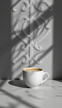 Aesthetic knit sweater coffee designs casting fine beverage shadows on premium graphite grey monochrome backdrop