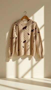 Aesthetic knit sweater coffee designs casting professional showcase shadows on premium ivory background