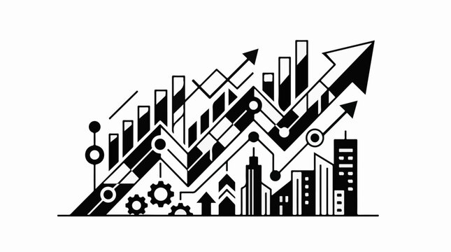 Abstract financial growth charts with city skyline and gears